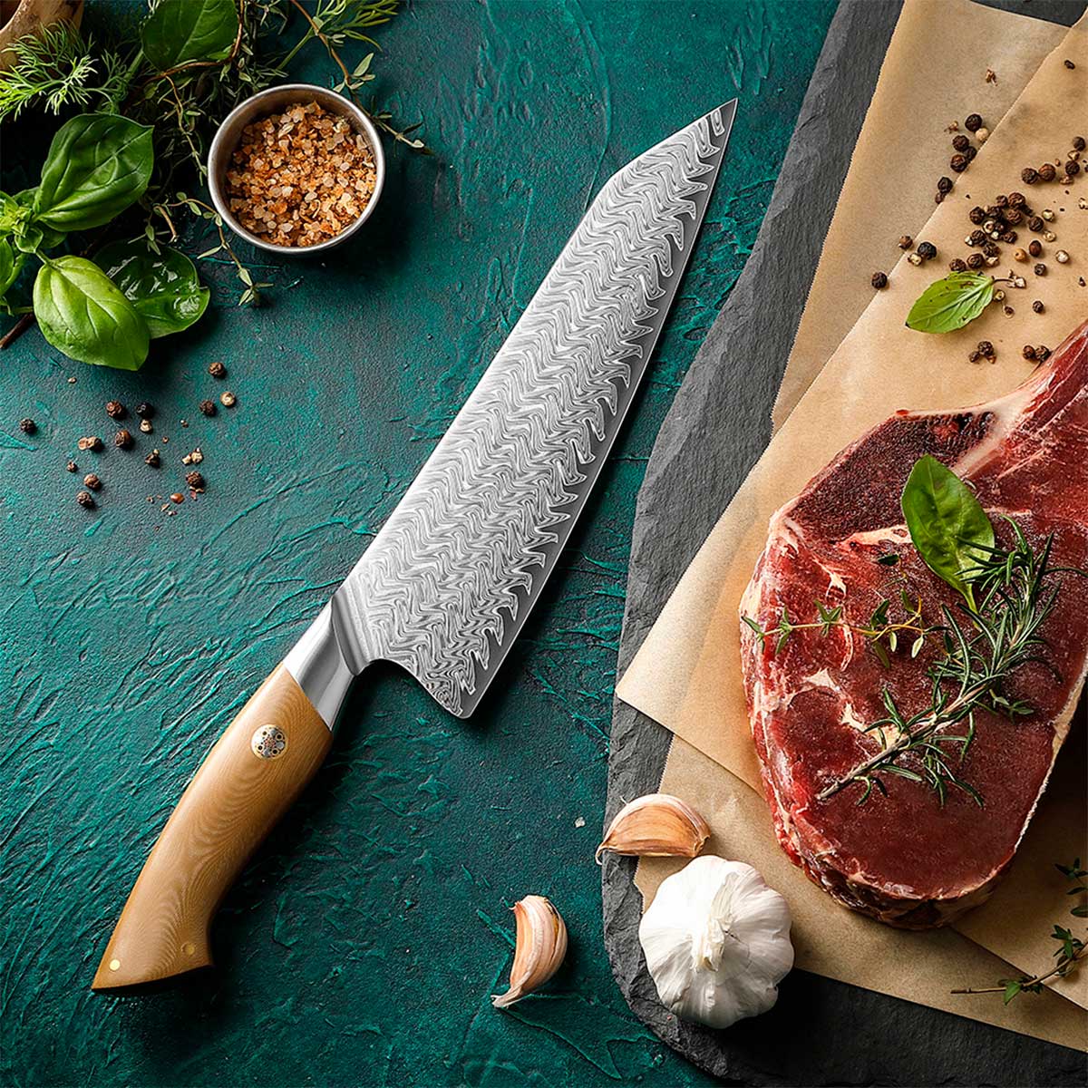 Cuchillo Gyuto 22cm 10Cr+Damasco Flamas Linen Micarta