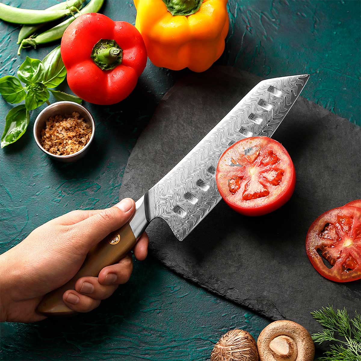 Cuchillo Santoku 19cm 10Cr+Damasco Flamas Linen Micarta