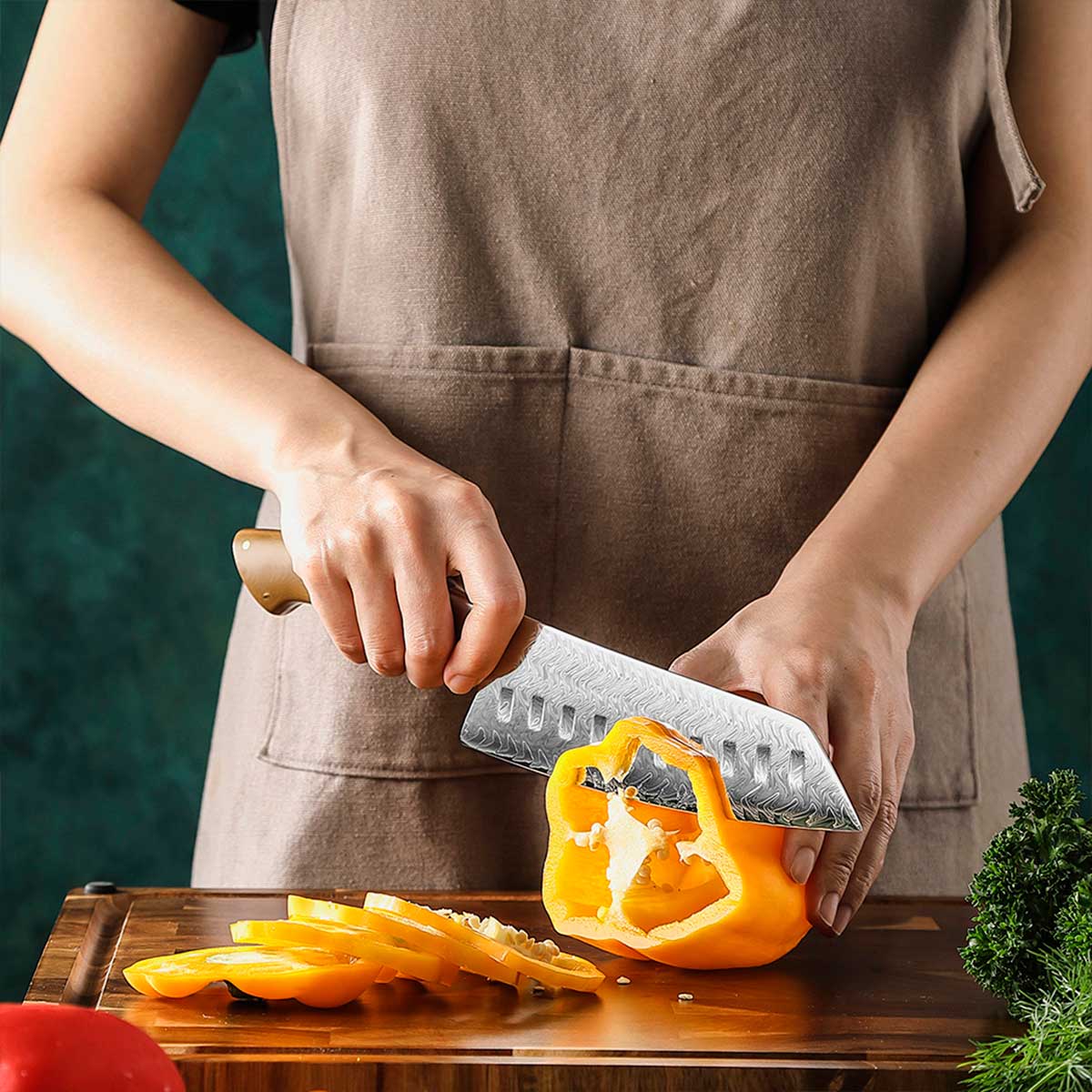 Cuchillo Santoku 19cm 10Cr+Damasco Flamas Linen Micarta