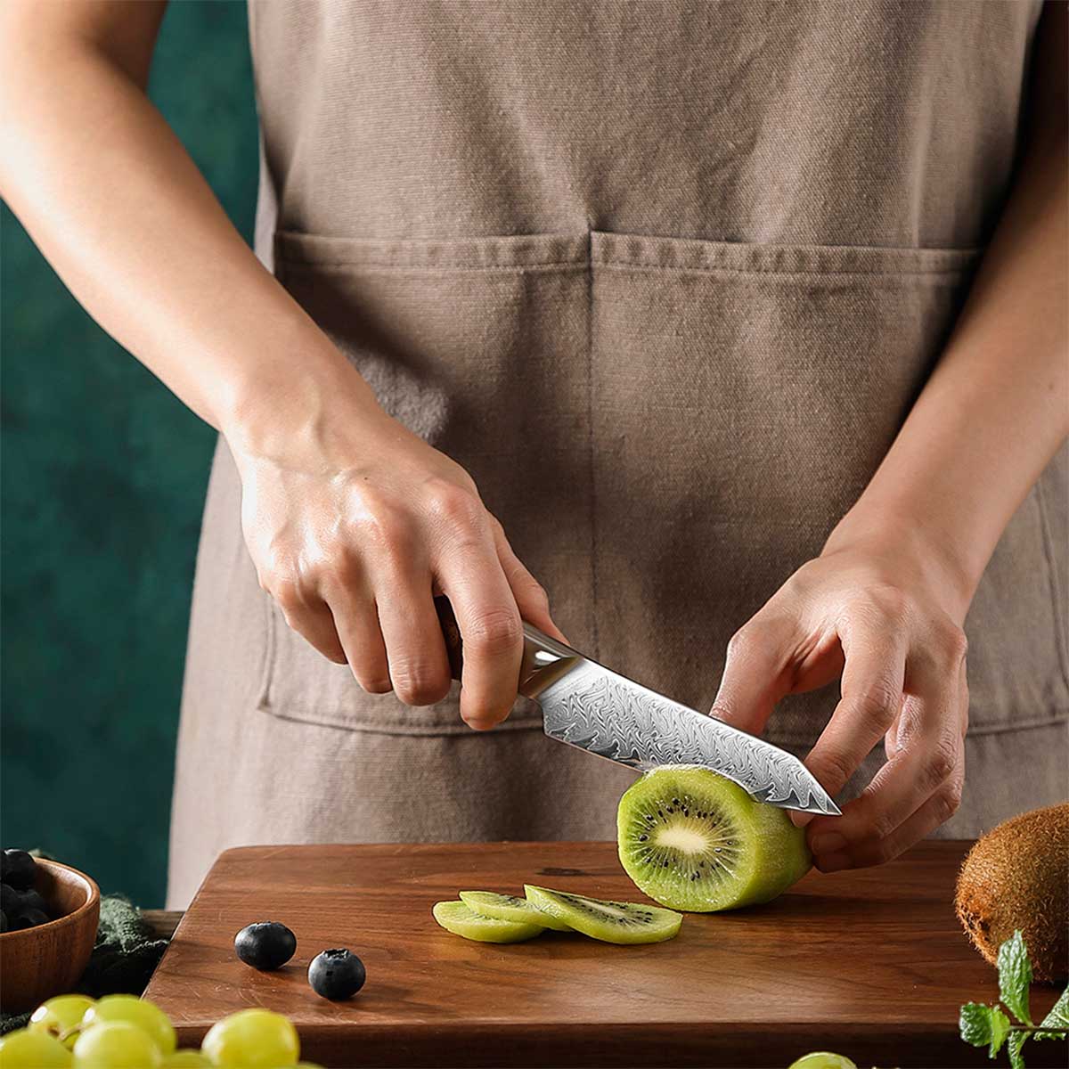 Cuchillo Petty 11cm 10Cr+Damasco Flamas Linen Micarta