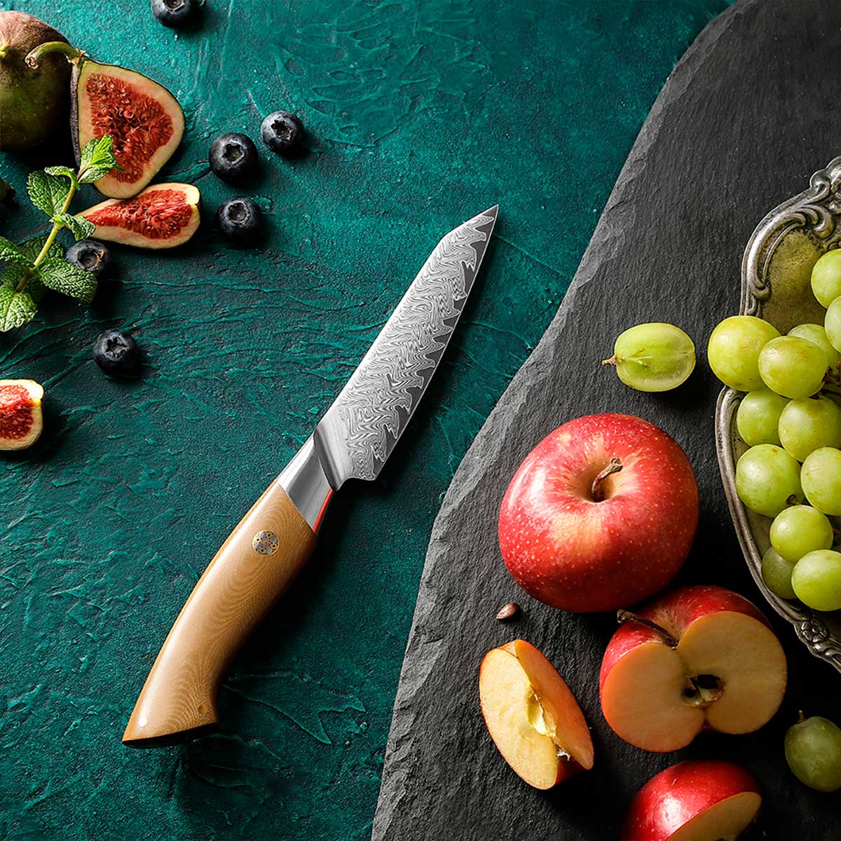 Cuchillo Petty 11cm 10Cr+Damasco Flamas Linen Micarta