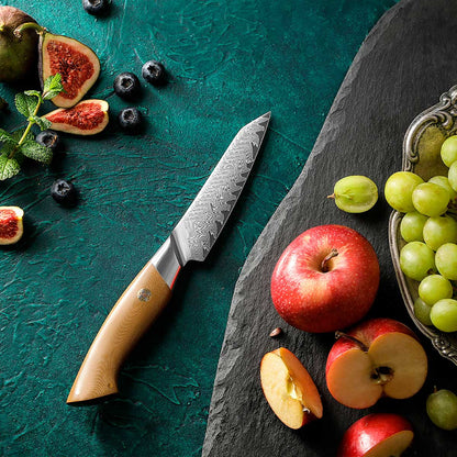 Cuchillo Petty 11cm 10Cr+Damasco Flamas Linen Micarta