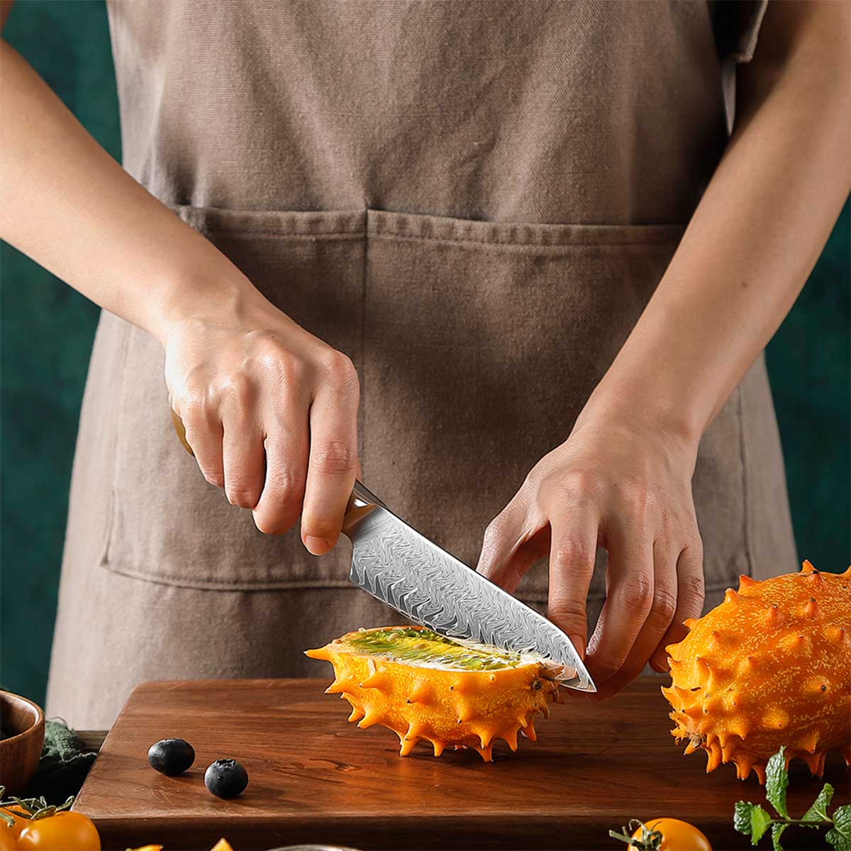 Cuchillo Utilitario 14cm 10Cr+Damasco Flamas Linen Micarta