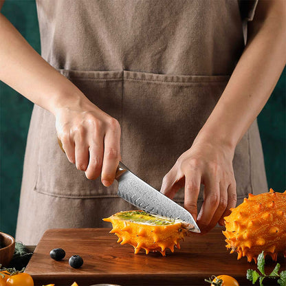 Cuchillo Utilitario 14cm 10Cr+Damasco Flamas Linen Micarta