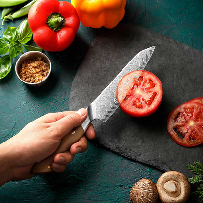 Cuchillo Utilitario 14cm 10Cr+Damasco Flamas Linen Micarta