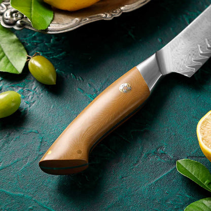 Cuchillo Utilitario 14cm 10Cr+Damasco Flamas Linen Micarta