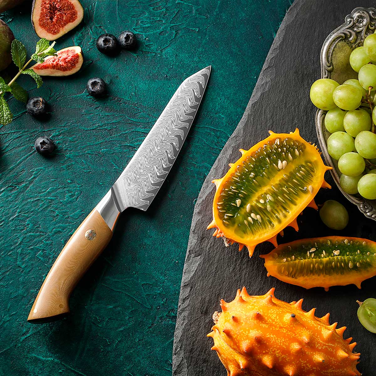 Cuchillo Utilitario 14cm 10Cr+Damasco Flamas Linen Micarta