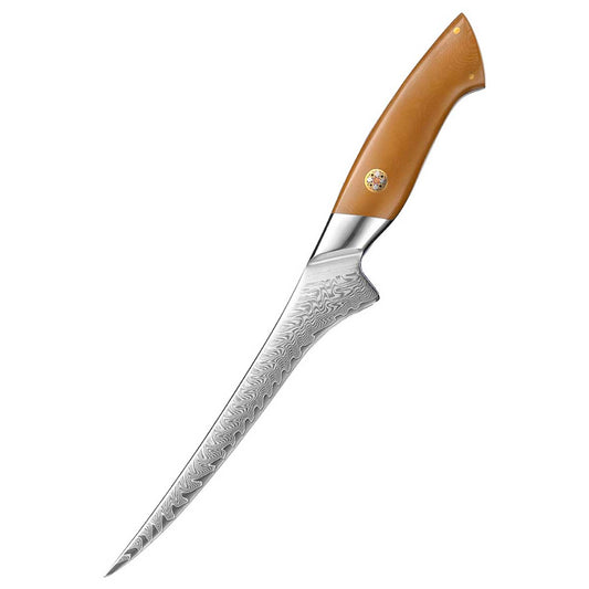 Cuchillo Fileteador 19cm 10Cr+Damasco Flamas Linen Micarta