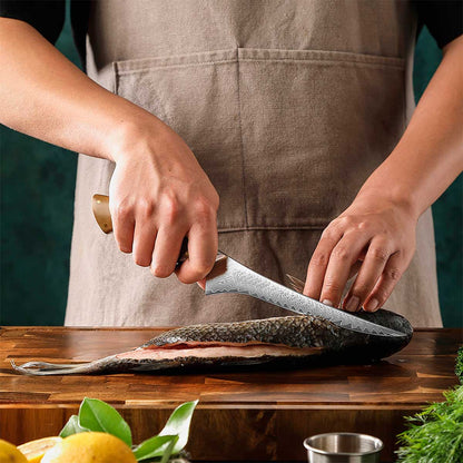 Cuchillo Fileteador 19cm 10Cr+Damasco Flamas Linen Micarta