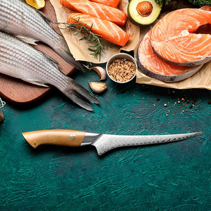 Cuchillo Fileteador 19cm 10Cr+Damasco Flamas Linen Micarta