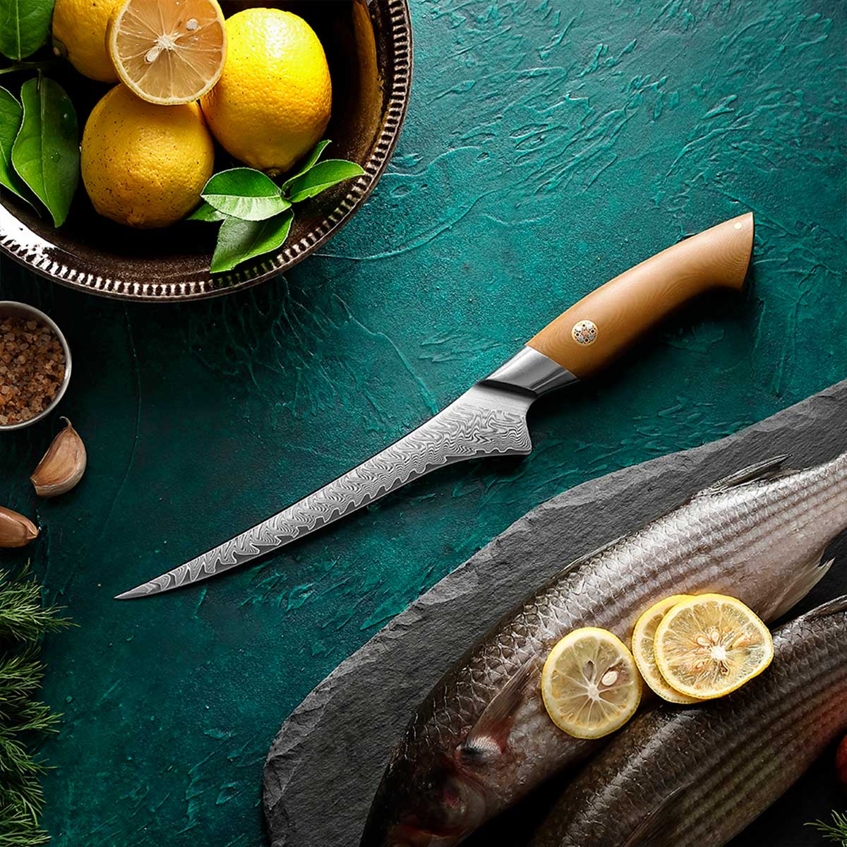 Cuchillo Fileteador 19cm 10Cr+Damasco Flamas Linen Micarta