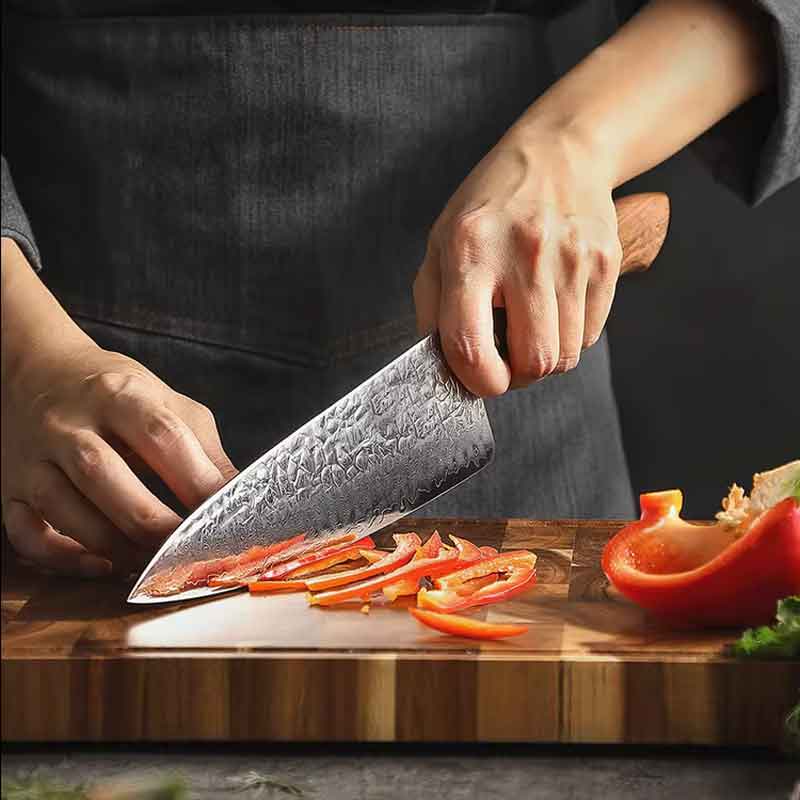Cuchillo de Chef 21cm AUS10+damasco Martillado Nogal