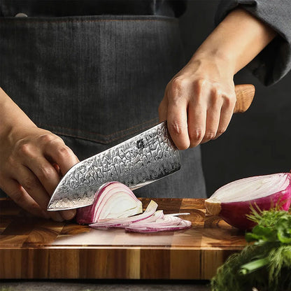 Cuchillo Santoku 20cm AUS10+damasco Martillado Nogal