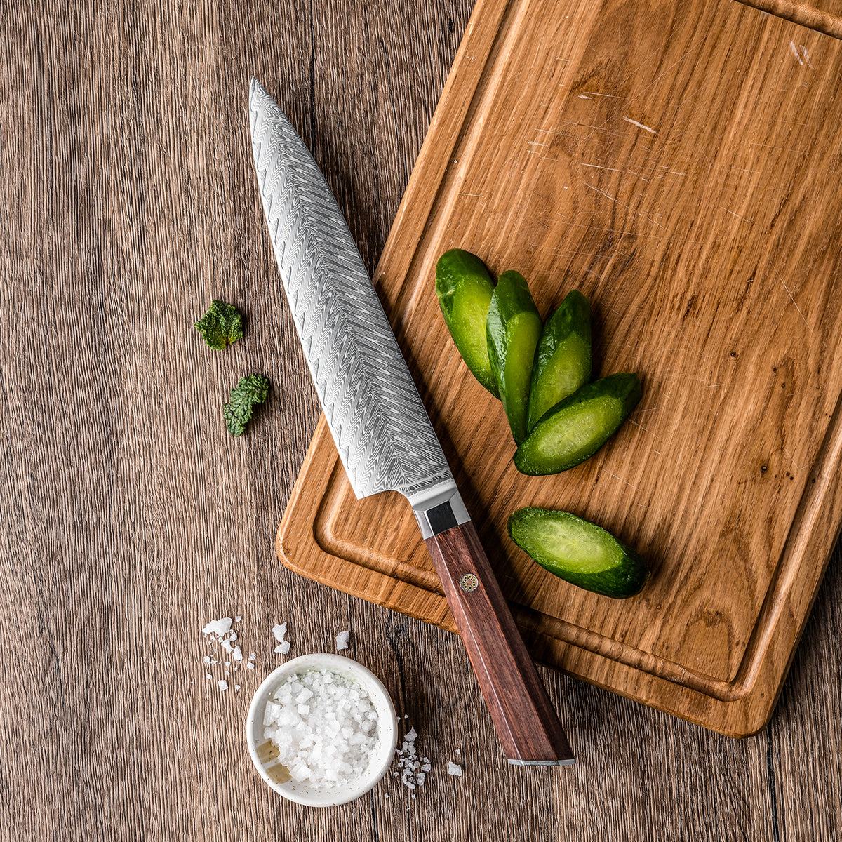 Cuchillo de Chef 19cm 10Cr+Espina Damasco66 oct Palo Rosa Africano tabla de picar corte pepino y sal