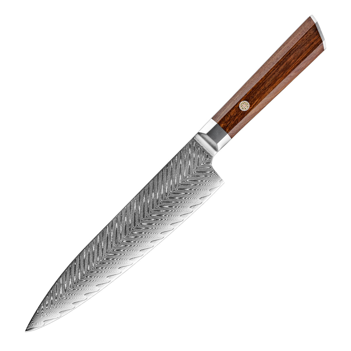 Cuchillo de Chef 19cm 10Cr+Espina Damasco66 oct Palo Rosa Africano fondo blanco