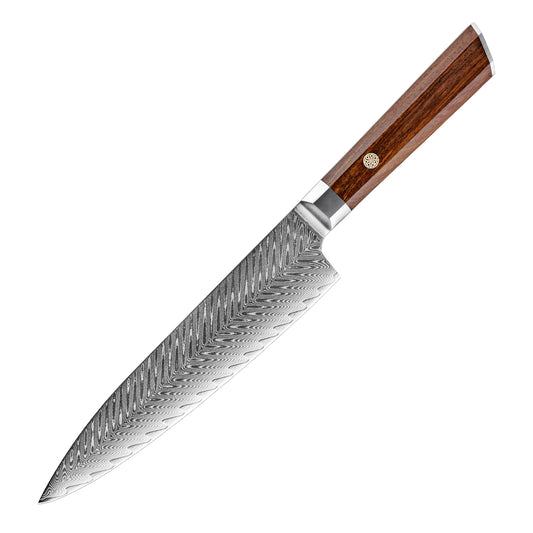 Cuchillo de Chef 19cm 10Cr+Espina Damasco66 oct Palo Rosa Africano fondo blanco