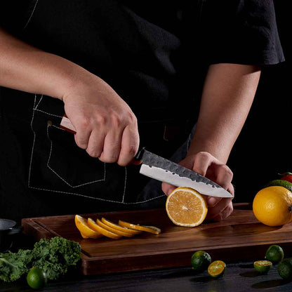 Cuchillo Utilitario 14cm clad 440c Kurouchi martillado Mango Ébano y Secuoya