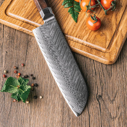 Cuchillo Santoku 18cm 10Cr+Espina Damasco66 oct Palo Rosa Africano detalle del damasco espina