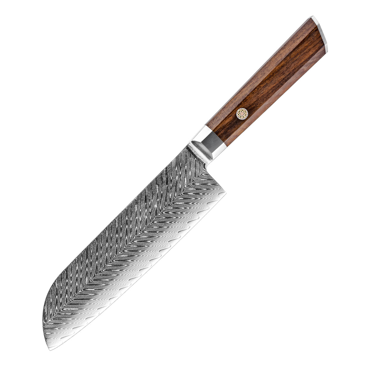 Cuchillo Santoku 18cm 10Cr+Espina Damasco66 oct Palo Rosa Africano fondo blanco