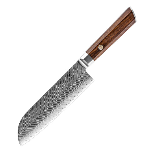 Cuchillo Santoku 18cm 10Cr+Espina Damasco66 oct Palo Rosa Africano fondo blanco