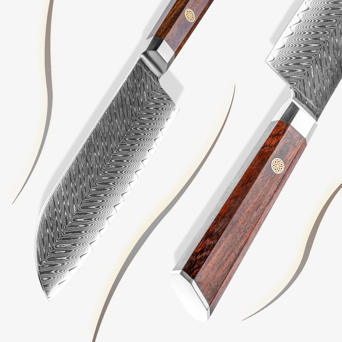 Cuchillo Santoku 18cm 10Cr+Espina Damasco66 oct Palo Rosa Africano detalle del mango