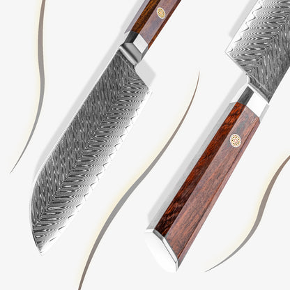 Cuchillo Santoku 18cm 10Cr+Espina Damasco66 oct Palo Rosa Africano detalle del mango