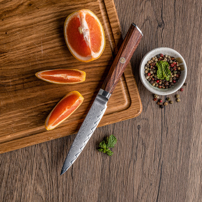 Cuchillo Utilitario 12cm 10Cr+Espina Damasco66 oct Palo Rosa Africano tabla de picar naranja y pimienta