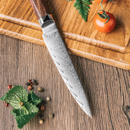 Cuchillo Utilitario 12cm 10Cr+Espina Damasco66 oct Palo Rosa Africano detalle damasco y tabla con tomate