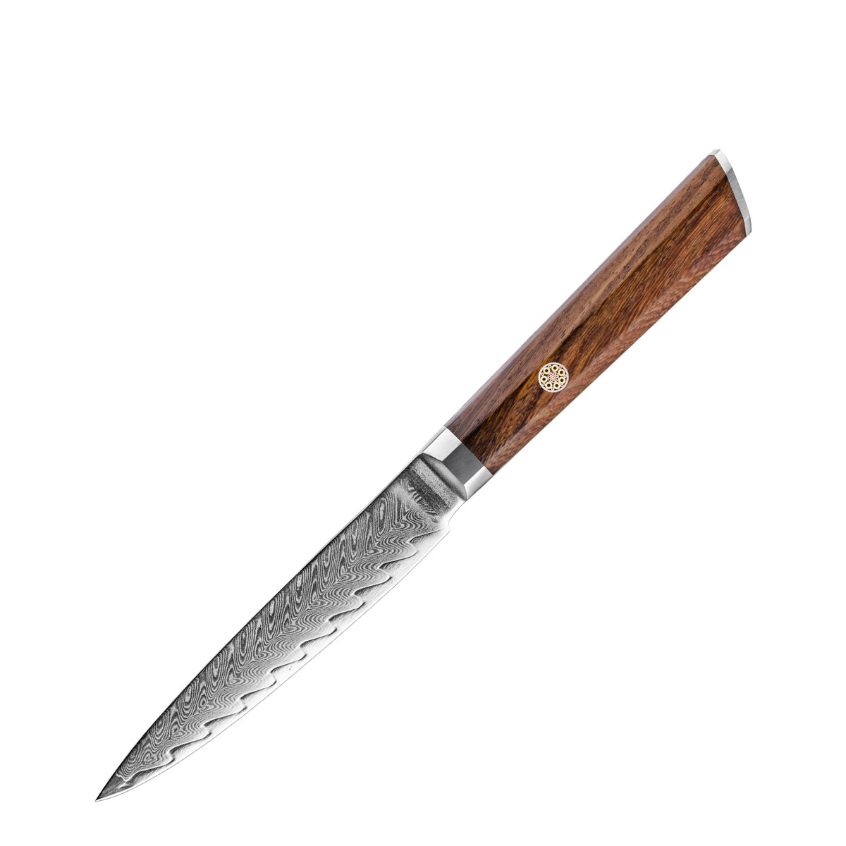 Cuchillo Utilitario 12cm 10Cr+Espina Damasco66 oct Palo Rosa Africano fondo blanco