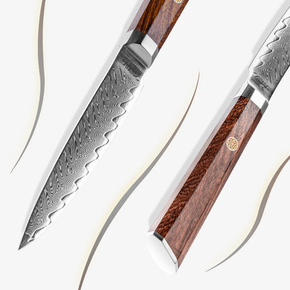 Cuchillo Utilitario 12cm 10Cr+Espina Damasco66 oct Palo Rosa Africano detalle del mango