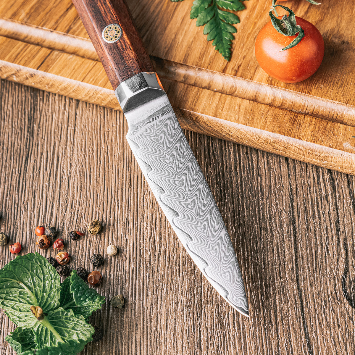 Cuchillo Puntilla 8cm 10Cr+Espina Damasco66 oct Palo Rosa Africano detalle del damasco