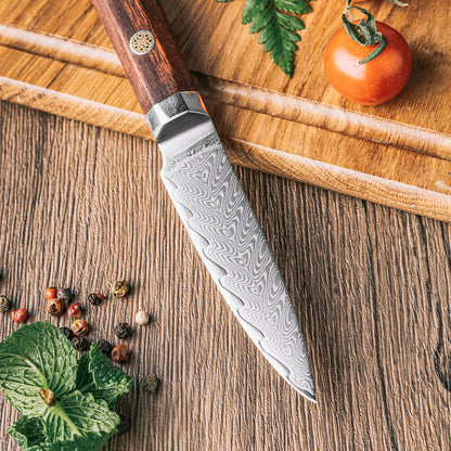 Cuchillo Puntilla 8cm 10Cr+Espina Damasco66 oct Palo Rosa Africano detalle del damasco