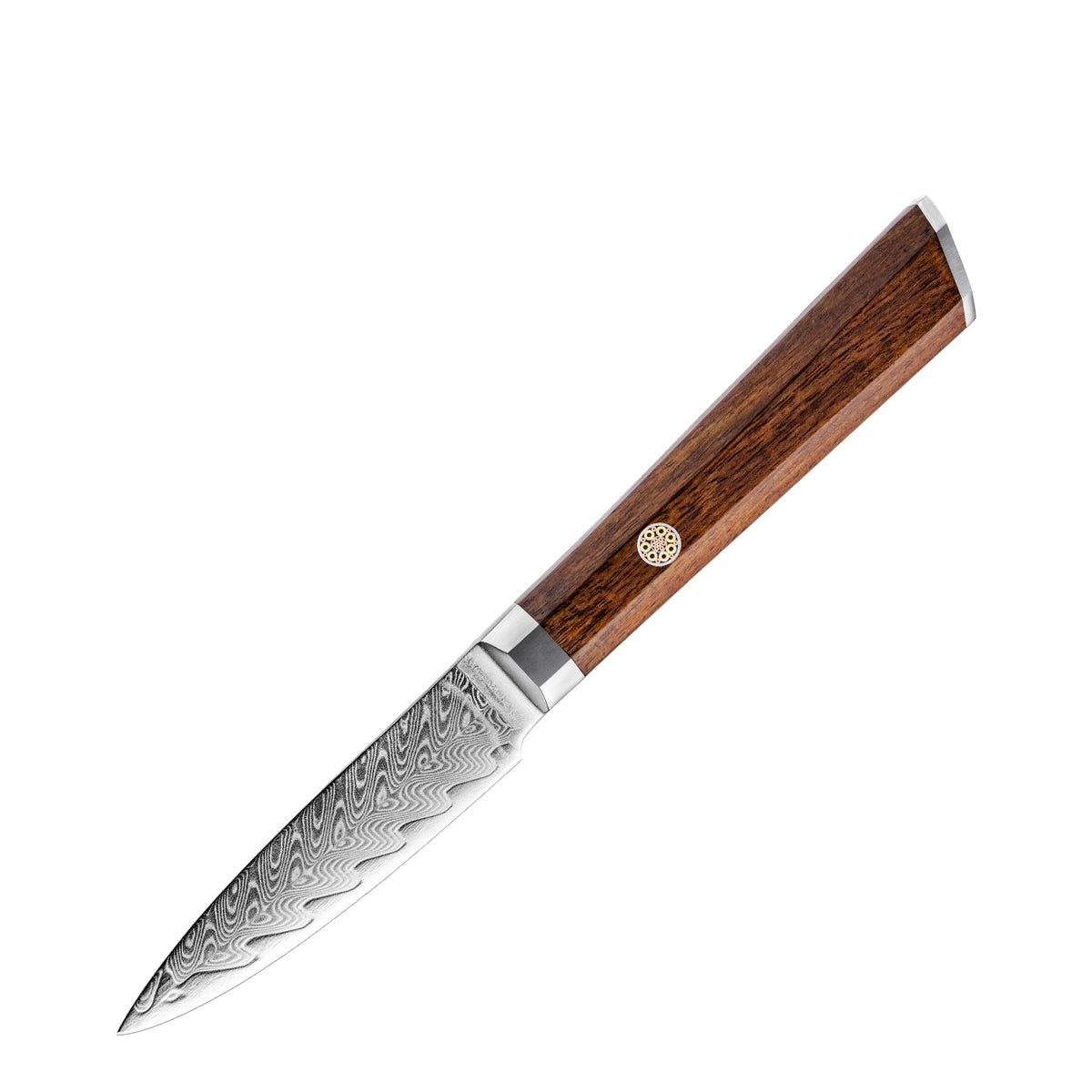 Cuchillo Puntilla 8cm 10Cr+Espina Damasco66 oct Palo Rosa Africano fondo blanco