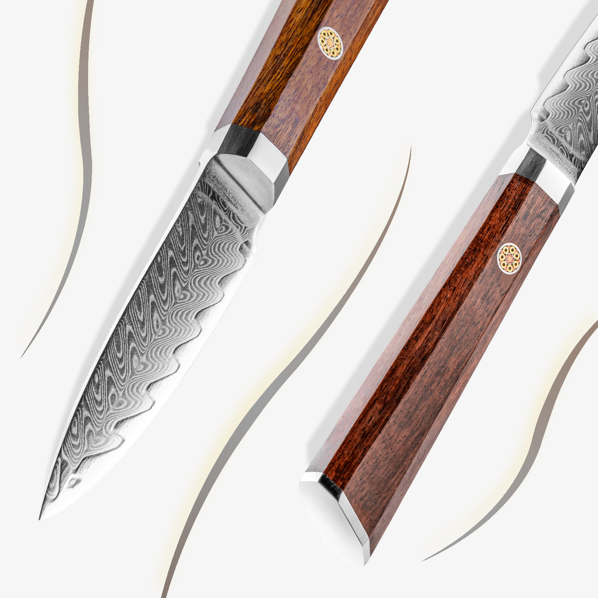 Cuchillo Puntilla 8cm 10Cr+Espina Damasco66 oct Palo Rosa Africano detalle del mango