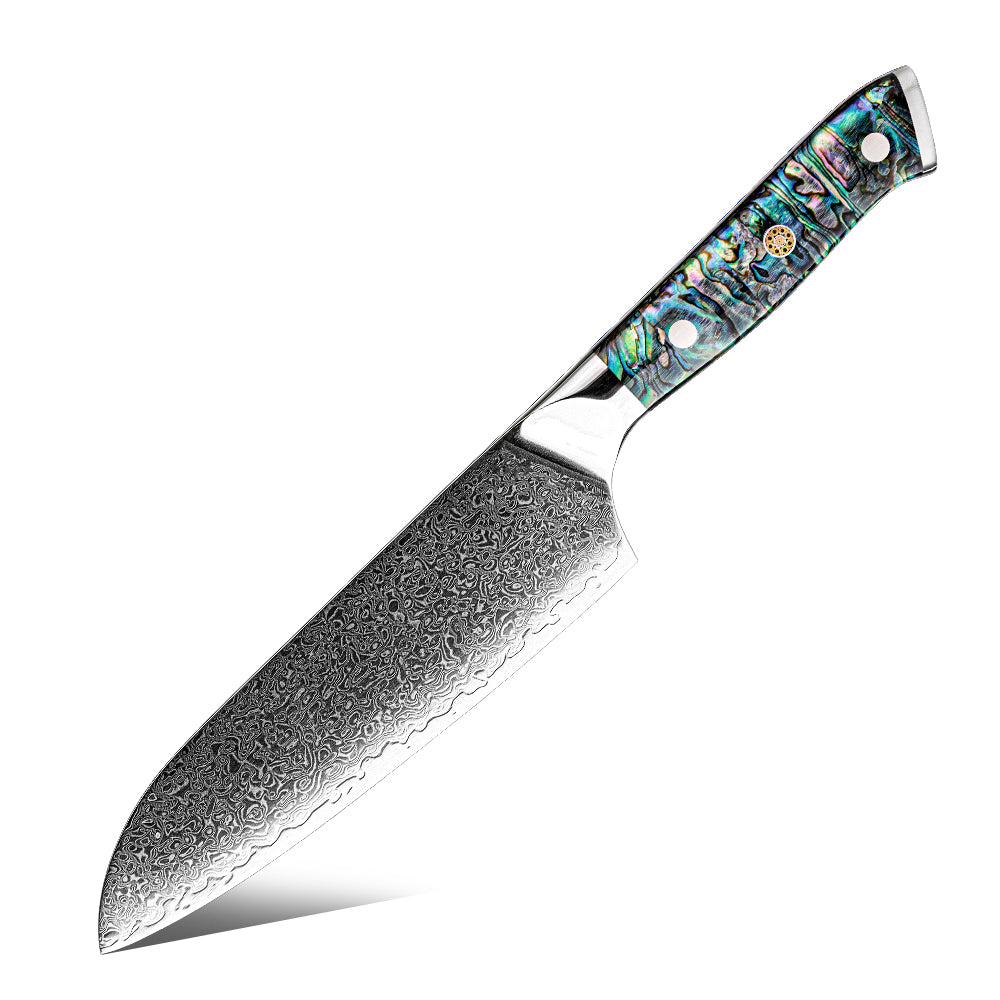 Cuchillo Santoku 18cm 10Cr+Lluvia Damasco66 Mango de Abalón fondo blanco