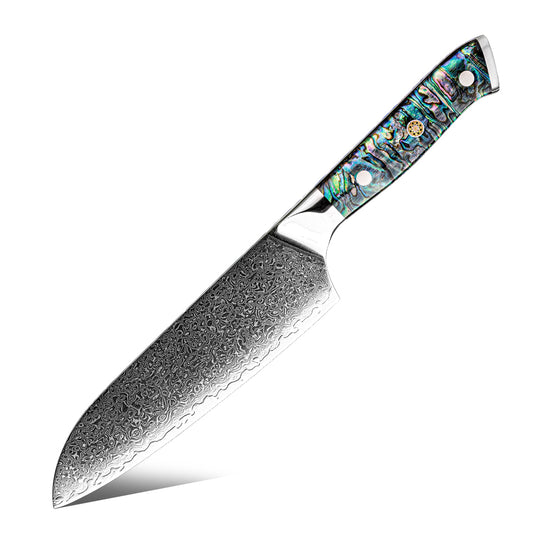 Cuchillo Santoku 18cm 10Cr+Lluvia Damasco66 Mango de Abalón fondo blanco