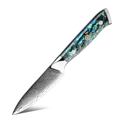 Cuchillo Puntilla 9cm 10Cr+Lluvia Damasco67 Mango de Abalón fondo blanco