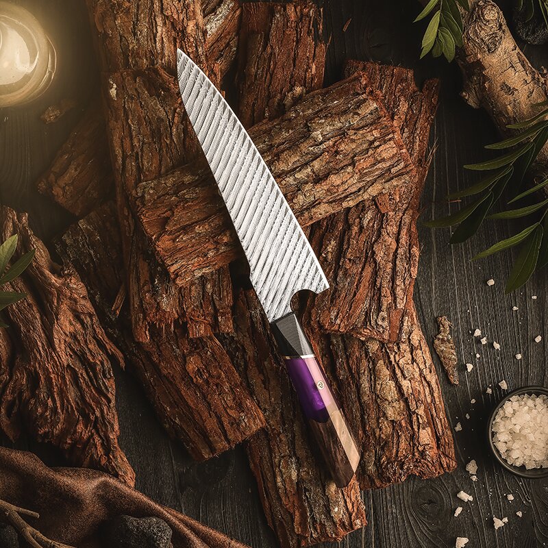 Cuchillo de Chef 21cm 10Cr+Pluma Damasco66 G10+Resina Morada+Madera EST sobre corteza de la madera
