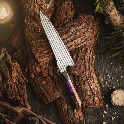 Cuchillo de Chef 21cm 10Cr+Pluma Damasco66 G10+Resina Morada+Madera EST sobre corteza de la madera