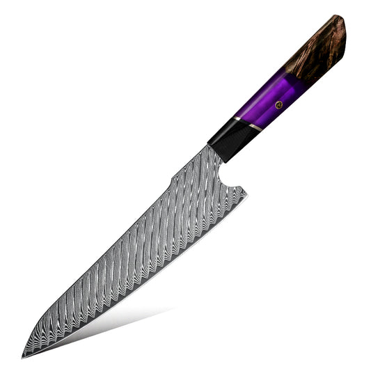 Cuchillo de Chef 21cm 10Cr+Pluma Damasco66 G10+Resina Morada+Madera EST fondo blanco