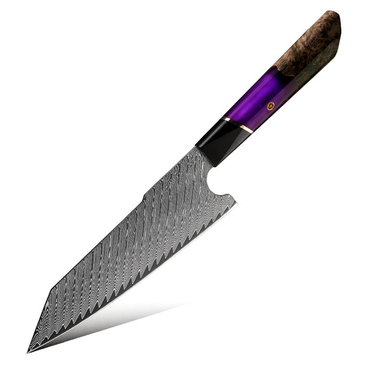 Cuchillo Kiritsuke 18cm 10Cr+Pluma Damasco66 G10+Resina Morada+Madera EST