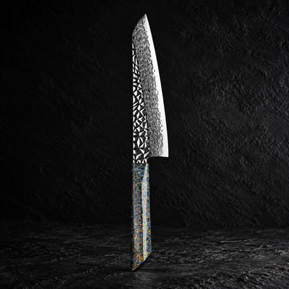 Cuchillo de Chef 20cm 10Cr+Pirámide Damasco66 OLEO Celado Blue con fondo oscuro.