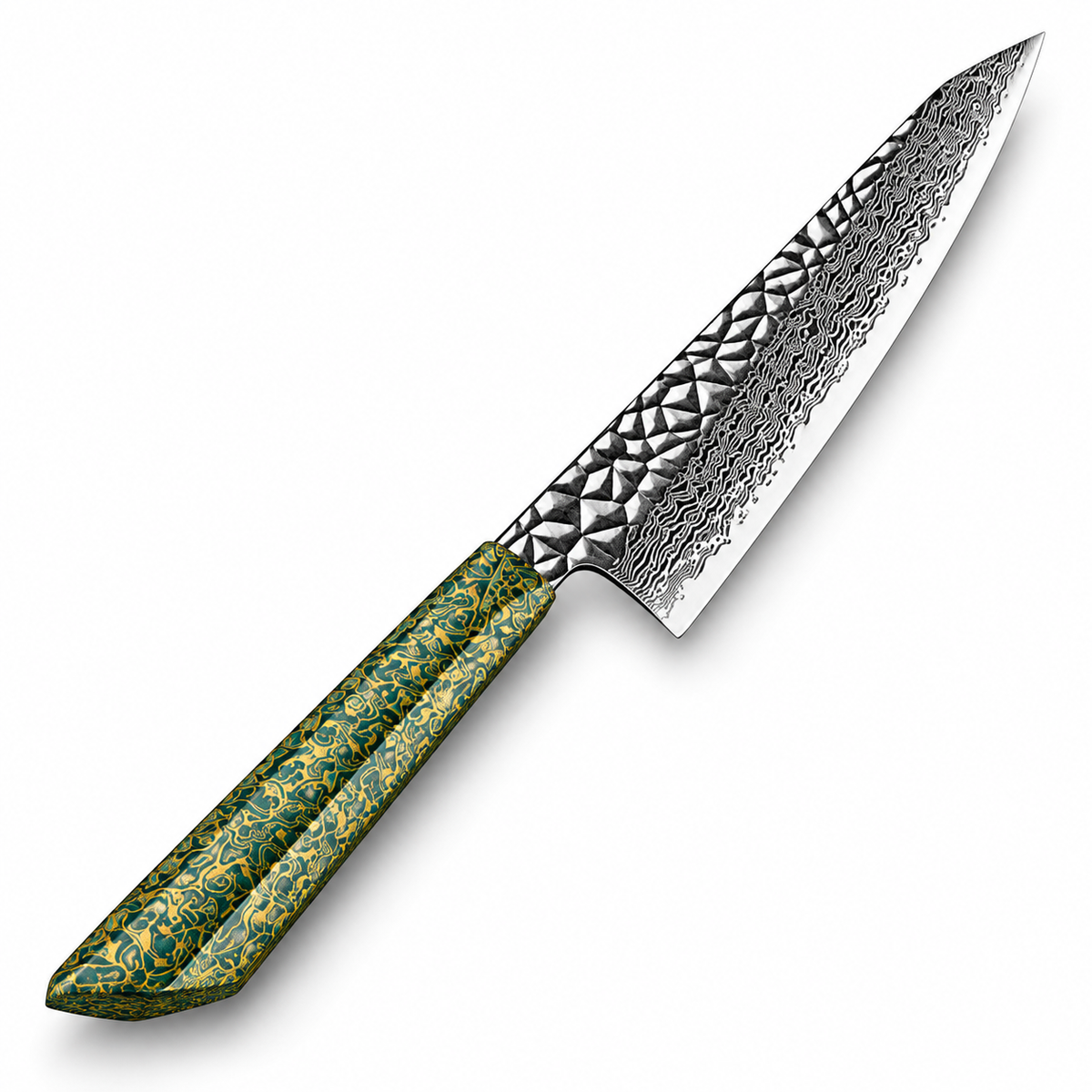 Cuchillo de Chef 20cm 10Cr+Pirámide Damasco66 OLEO Azure Green con fondo blanco.