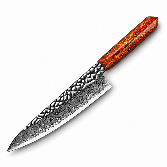 Cuchillo de Chef 20cm 10Cr+Pirámide Damasco66 OLEO Orange con fondo blanco.