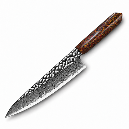 Cuchillo de Chef 20cm 10Cr+Pirámide Damasco66 OLEO Chinese Red con fondo blanco.