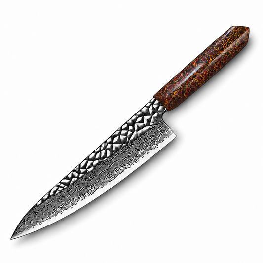 Cuchillo de Chef 20cm 10Cr+Pirámide Damasco66 OLEO Chinese Red con fondo blanco.