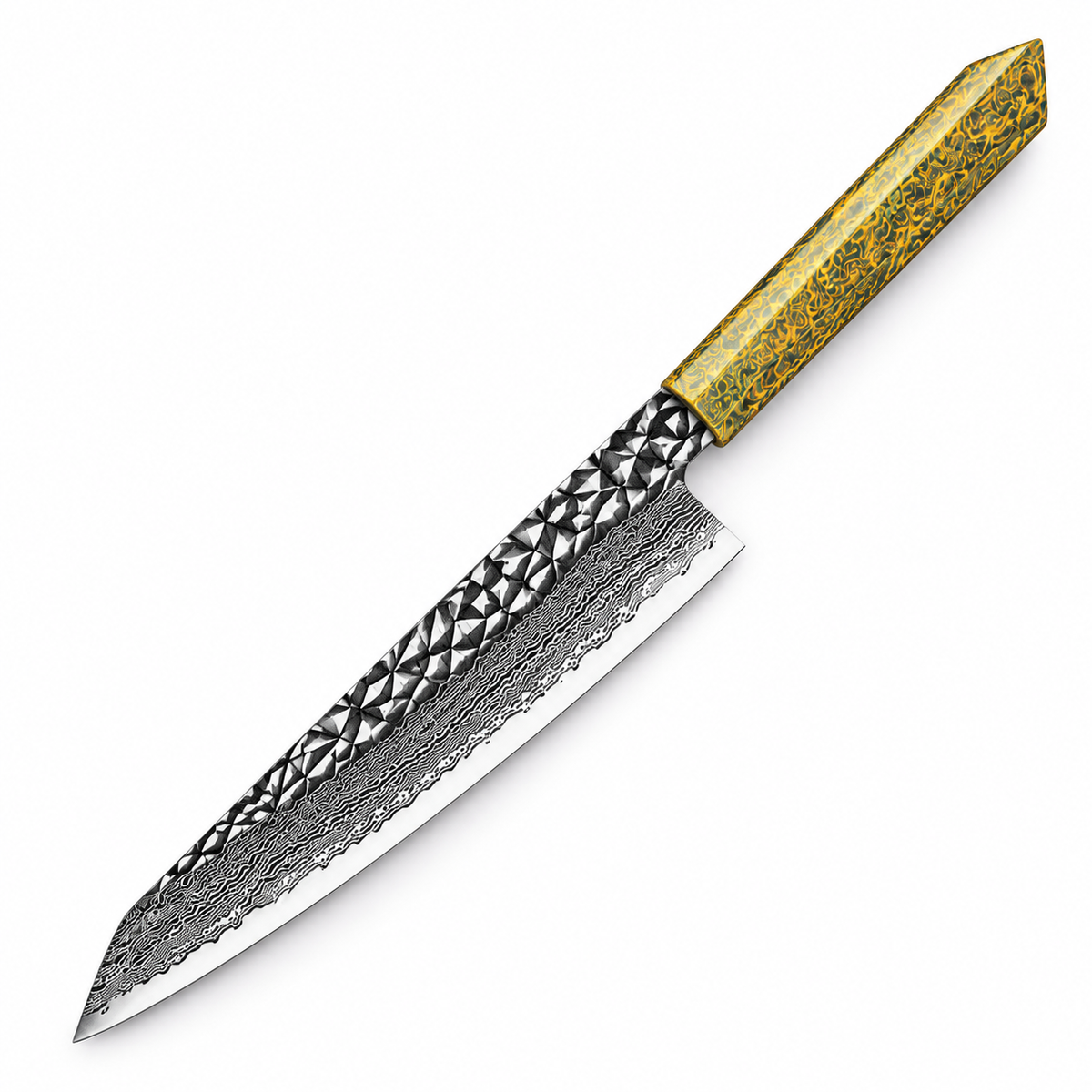 Cuchillo de Chef 20cm 10Cr+Pirámide Damasco66 OLEO Jade Yellow con fondo blanco.