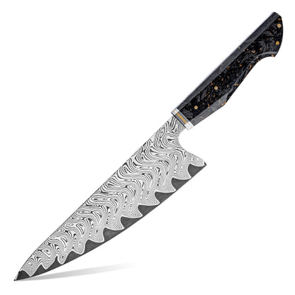 Cuchillo de Chef 20cm AUS10+Torcido Damasco66 Resina de Carbono y Dorada fondo blanco