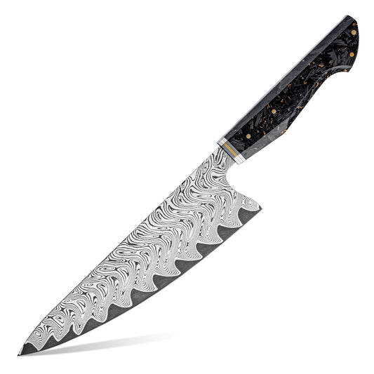 Cuchillo de Chef 20cm AUS10+Torcido Damasco66 Resina de Carbono y Dorada fondo blanco