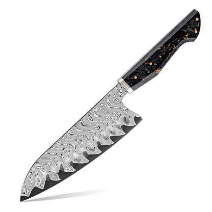 Cuchillo Santoku 19cm AUS10+Torcido Damasco66 Resina de Carbono y Dorada fondo blanco